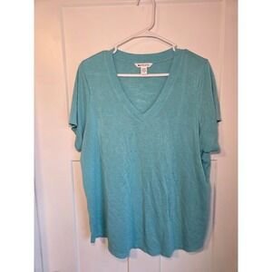 Athleta Breezy V-Neck Tee Aqua Teal Heather Short Sleeve Slub Knit Top 1X